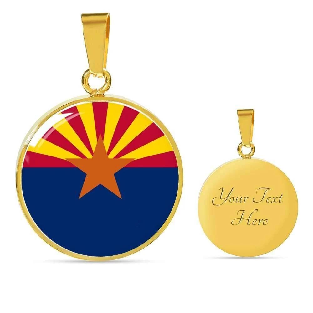 Arizona State Flag Personalized Engraved Gold Circle Necklace Custom Name Date